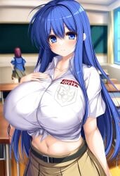 ai_generated big_breasts blue_eyes blue_hair breasts gigantic_breasts huge_breasts impossible_clothes impossible_clothing impossible_shirt large_breasts long_hair looking_at_viewer tight_clothes tight_clothing tight_shirt 華咲十色