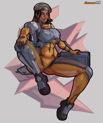 ana_amari armor armored_boots belly beret big_breasts blizzard_entertainment bodysuit boots breastplate breasts busty cap dark_skin equinox006 face_tattoo female female_focus female_only gloves greaves hand_on_knee hazel_eyes hourglass_figure knee_guards overwatch overwatch_2 pinup pinup_pose sitting spread_legs tagme wide_hips