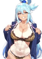 1girls ai_generated aqua_(konosuba) bow bow_bra bow_panties bra female female_only kono_subarashii_sekai_ni_shukufuku_wo! leopard_print leopard_print_bra leopard_print_panties long_hair navel panties solo tagme tanline underwear