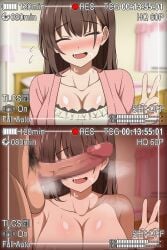 1boy 2koma :d absurdres bed breasts brown_hair cant_see_the_haters censored cleavage closed_eyes comic completely_nude curtains female haishin highres ikoma_mio indoors large_breasts long_hair male_pubic_hair nervous_smile nishiki nude open_mouth peace_sign penis penis_covering_eyes penis_on_face penis_over_eyes pubic_hair recording smile solo_focus steam straight straight_hair sweat sweatdrop text upper_body v v_sign window