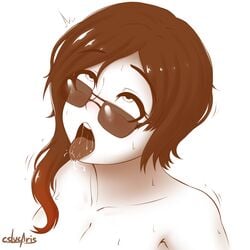 1girls ahe_gao blush coco_adel cslucaris drooling female female_only glasses looking_over_eyewear looking_over_glasses looking_over_sunglasses monochrome naughty_face nude rolling_eyes rwby sexually_suggestive solo spot_color sunglasses sweat tinted_eyewear tongue tongue_out white_background