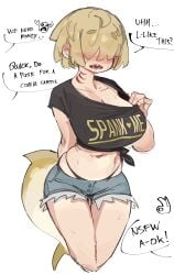 1girls ahoge bangs_over_eyes belly belly_button big_breasts black_panties black_thong blonde blonde_female blonde_hair blush blush_lines blushing breasts cleavage clothed clothing covered_eyes crying_emoji english english_text ennhentai eyebrows eyebrows_visible_through_hair female fuck-me_shirt fuck_me_(text) fully_clothed gills graphic_tee hair_over_eyes hand_behind_back hand_on_breast jean_shorts jorts kemono kemonomimi luca_(ennhentai) midriff neck_gills ok_sign open_mouth original_character portrait pulling_shirt shark_girl shark_tail sharp_teeth shirt_pull shirt_tug short_hair shorts sole_female solo spank_me_sign speech_bubble sweat sweatdrop sweating sweaty tail text text_bubble thick_thighs thighs thong thong_panties thong_straps thong_underwear tied_shirt whale_tail white_background
