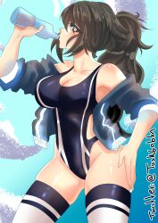 absurdres artist_name black_hair black_thighhighs blue_eyes bottle breasts drinking female goblintusk hair_between_eyes hand_on_own_hip highres hip_dips large_breasts light-skinned_female light_skin messy_hair off_shoulder one-piece_swimsuit pale-skinned_female pale_skin ponytail skindentation swimsuit thighhighs twitch.tv virtual_youtuber vrchat vtuber water_bottle