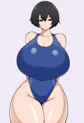 1girls black_eyes black_hair female huge_breasts looking_at_viewer solo thick_thighs tokitamago wide_hips