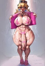 1futa ai_generated bikini blonde_hair blue_eyes cock_ring earrings eyewear_on_head flaccid flaccid_penis futa_only futa_sans_pussy futanari gray_background huge_ass huge_balls huge_breasts huge_cock jacket jewelry mario_(series) necklace nintendo nipples pink_sandals ponytail princess_peach roughtriumph sunglasses sunglasses_on_head super_mario_bros. tagme