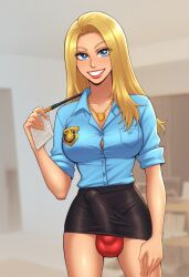 1futa 2d 2d_(artwork) ai_generated amy_young balls black_skirt blondshell bulge bulge_in_panties civitai criminal_case futanari golden_necklace happy happy_futa light-skinned_futanari light_skin long_hair long_hair_futa looking_at_viewer necklace oval_face panties pendant police_badge red_panties shirt skirt smile smiling_at_viewer solo testicles video_game_character video_game_franchise white-skinned_futanari white_skin