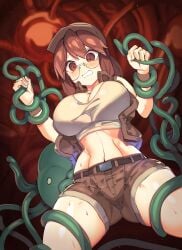 1girls 2023 absurd_res alien arm_grab baseball_cap belt big_breasts blush breasts brown_eyes brown_hair cleavage clenched_teeth clothed crop_top ddg160 fio_germi glasses hat hi_res imminent_rape interspecies leg_grab martian_(metal_slug) matching_hair/eyes medium_hair metal_slug midriff molestation paid_reward_available restrained round_glasses short_shorts shorts sidelocks snk sweat teeth tentacle thighs toned toned_female vest voluptuous voluptuous_female