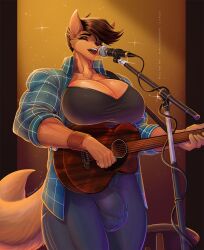 acoustic_guitar anthro big_breasts bracelet breasts brown_hair bulge canid canine canis cleavage closed_eyes clothed clothing electronics furry guitar gynomorph hair hi_res intersex jewelry mammal microphone microphone_stand microphone_wire musical_instrument open_clothing open_shirt open_topwear plucked_string_instrument shirt solo sparkles string_instrument topwear wmdiscovery93 wolf