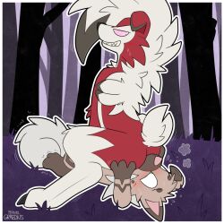 anthro ass blush breath canid canine duo facesitting forest generation_7_pokemon graedius_(artist) grin lycanroc lying male male/male mammal midnight_lycanroc nintendo plant pokemon pokemon_(species) rockruff sitting_on_another smile stomak tree