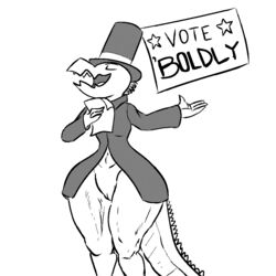 bottomless clothed clothing coat dialogue election female hat kobold pussy top_hat uuoouu