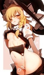 :q black_hat blonde_hair bow braid breasts female hagure_kedama hairbow hat heart heart-shaped_pupils highres kirisame_marisa lifted_by_self long_hair looking_at_viewer maebari marisa_kirisame medium_breasts nipples puffy_short_sleeves puffy_sleeves short_sleeves single_braid solo spoken_heart sweat symbol-shaped_pupils tongue tongue_out touhou white_bow witch_hat yellow_eyes