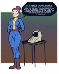 ass_expansion brain_drain breast_expansion comic fallout hourglass_figure huge_ass huge_breasts shishikasama text unaware vault_dweller vault_girl vault_suit