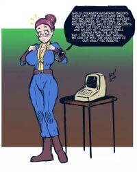 ass_expansion brain_drain breast_expansion comic fallout hourglass_figure huge_ass huge_breasts shishikasama text unaware vault_dweller vault_girl vault_suit