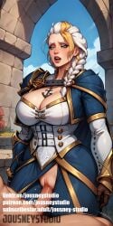1boy ai_generated armor blonde_hair blue_eyes blue_sky blush braid braided_ponytail breasts brick_wall capelet cleavage clothed_female_nude_male clothed_sex clothing corset cowgirl_position day english_text female female_only gloves hair_over_shoulder jaina_proudmoore jousneystudio large_breasts lips long_hair looking_at_viewer makeup multicolored_hair nude open_mouth outdoors penis sex shoulder_armor sky solo solo_focus standing straddling straight teeth text tied_hair two-tone_hair uncensored vagina vaginal_penetration warcraft white_hair world_of_warcraft