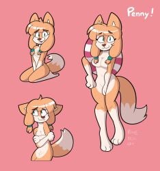 anthro anthro_only arms_between_legs arms_crossed bottomless breasts canine canine covering_breasts covering_crotch dog_ears dog_girl fur furry furry_only looking_at_viewer nervous nervous_smile penny_(runebellarts) runebellarts shy simple_background sitting tagme tail