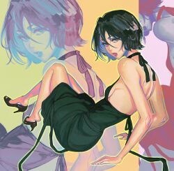 black_hair bleach bleach:_the_thousand-year_blood_war breasts dress female floppydisk7000 formal high_heels highres kuchiki_rukia looking_at_viewer purple_eyes short_hair sideboob solo