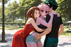 1boy 2girls ai_generated bakedcookie black_sclera brown_hair dress female green_hair highres horns hug hug_from_behind izuku_midoriya male mina_ashido my_hero_academia ochako_uraraka outdoors park pink_hair pink_skin red_dress shorts smile smiling standing sundress tank_top uncensored