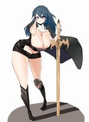 1girls bent_forward black_boots blue_eyes blue_hair boots breasts byleth_(fire_emblem) byleth_(fire_emblem)_(female) cleavage clothed dark_blue_hair dark_hair female female_only figurine fire_emblem fire_emblem:_three_houses gya_rb hanging_breasts holding_sword huge_breasts large_breasts legs long_boots long_legs long_sword longsword medium_hair melee_weapon nintendo planted_sword purple_eyes revealing_clothes ridged_sword shorts solo sword sword_breaker sword_of_the_creator thick_thighs two-handed_sword two_handed_sword weapon white_background