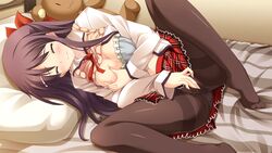 3: black_hair black_legwear blush bra bra_pull breasts closed_eyes clothed_masturbation clothing feet female fingering game_cg grey_bra hair_ornament hairclip highres leg_up legs lingerie long_hair long_legs lying masturbation masturbation_through_clothing medium_breasts mutou_kurihito nipples on_side panties panties_under_pantyhose pantyhose pillow plaid plaid_skirt pussy_juice school_uniform self_fondle shunki_gentei_poco_a_poco! skirt solo spread_legs stuffed_animal stuffed_toy sweater_vest thighband_pantyhose thighs through_panties underwear upskirt wallpaper yuuki_natsumi