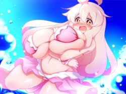 aged_up arm_between_breasts arms_under_breasts bikini cameltoe cleft_of_venus embarrassed frilled_bikini gigantic_breasts onii-chan_wa_oshimai! oyama_mahiro partially_submerged pink_bikini shy swimsuit thick_thighs wide_hips