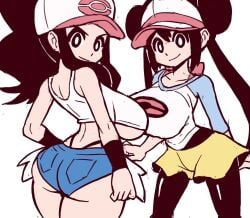 2girls ass big_ass big_breasts big_butt big_thighs booty_shorts breasts cap game_freak hilda_(pokemon) huge_breasts impossible_clothes impossible_clothing impossible_shirt large_breasts long_hair looking_at_viewer looking_back looking_back_at_viewer mossyfroot nintendo no_background panties_visible pokemon pokemon_bw pokemon_bw2 ponytail rosa_(pokemon) short_skirt shorts skinny skirt smiling smiling_at_viewer tank_top thick thick_ass thick_butt thick_thighs thong thong_straps tight_clothes tight_clothing tight_shirt tight_shorts underboob white_background wristband