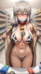 1girls ai_generated areola_slip bikini blush buying_condoms cheating_wife closed_eyes collar condom convenience_store cow_bell cow_girl cow_print female flashing grey_hair hair_between_eyes hair_over_shoulder long_hair looking_at_viewer lotion mature_female milf money money_in_cleavage navel netorare notreallyhere pov pussy_juice scrunchie sidelocks smile solo thong trenchcoat uzaki-chan_wa_asobitai! uzaki_tsuki