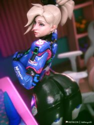 3d adapted_costume blonde_hair blue_bodysuit blue_eyes blurry blurry_background bodysuit breasts cellphone clothing cosplay d.va_(cosplay) english_language english_text female female_only heart hellfenya3d holding indoors large_breasts lips long_hair looking_at_viewer mercy mole overwatch overwatch_2 phone pilot_suit ponytail selfie shiny skin_tight smartphone smile solo solo_focus speech_bubble text