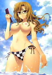 5pb. areolae bangs bare_shoulders bikini bikini_bottom blue_sky breasts brown_eyes brown_hair cellphone checkered checkered_bikini cleavage cloud collarbone expressionless female fingernails floating_hair fujima_takuya glasses hands highres hips holding kiryuu_moeka long_hair long_image looking_at_viewer mound_of_venus navel nipples nitroplus nude_filter ocean outdoors parted_lips phone photoshop science_adventure shade shiny shiny_skin side-tie_bikini sky solo steins;gate sun swimsuit tall_image thigh_gap thighs topless wading water wavy_hair wet wind