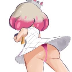 1girls ass colored crown dress female female_only from_behind justdavefnd nintendo panties pantyshot pearl_(splatoon) pink_panties simple_background sleeveless_dress solo splatoon splatoon_2 tentacle_hair two_tone_hair underwear upskirt white_background