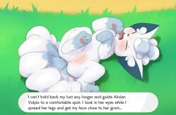 alolan_vulpix blush female female_alolan_vulpix furry lying lying_on_back pocket_campfire pokémon pokémon_(species) pokemon pokemon_(species) pokephilia showing_off showing_pussy solo_female tongue tongue_out vulpix white_fur