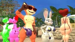 3d 3d_(artwork) anthro ass beach big_breasts big_butt bikini birdetta birdo bracelet breasts bulge canid canine clothing crossover curvy_figure daemont92 dialogue digital_media_(artwork) dinosaur disney eyewear female fox goof_troop group hand_holding hi_res jewelry judy_hopps lagomorph leporid looking_down male male/female mammal mario_(series) mature_female nick_wilde nintendo one-piece_swimsuit peg_pete police_badge rabbit reptile scalie side_boob sling_bikini source_filmmaker speedo sunglasses swimwear thick_thighs voluptuous wide_hips yoshi zootopia