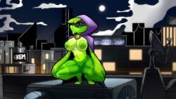 1girls :>= anthro bimbo_lips breasts green_body green_shadow_(pvz) humanoid peashooter_(pvz) plant_girl plants_vs_zombies plants_vs_zombies:_heroes pvz pvz_heroes remiman squatting thick_thighs