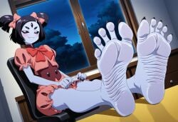 ai_generated background barefoot black_toenails chair clothed_female feet foot_fetish fuealahomg muffet purple_skin room showing_feet sitting smiling soles spider spider_girl toenails undertale wrinkled_soles