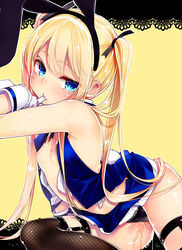 animal_ears ask02 bare_shoulders blonde_hair blue_eyes blush breasts bunny_ears bunny_tail dead_or_alive dead_or_alive_5 fake_animal_ears female finger_in_mouth fishnet_legwear fishnets gloves hair_ribbon hairband highres long_hair looking_at_viewer marie_rose naughty_face nipples open_clothes open_shirt panties pussy_juice ribbon shirt skirt small_breasts solo sweat tail thighhighs tied_hair twintails underwear white_gloves yellow_background