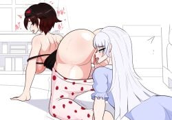 2girls ass clothing cunnilingus female female_only kinathefox large_breasts light-skinned_female light_skin multiple_girls on_all_fours oral oral_sex ruby_rose rwby uncensored weiss_schnee white_hair yuri