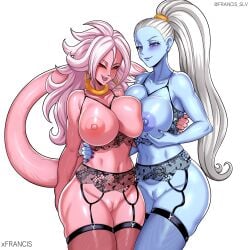 2girls android_21 angel_(dragon_ball) big_breasts black_sclera blue_skin breasts dragon_ball dragon_ball_fighterz dragon_ball_super female female_majin female_only francis_slv garter_straps huge_breasts large_breasts lingerie long_hair majin majin_android_21 multiple_girls pink_skin pussy red_eyes vados white_hair yuri