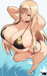 1girls 2d 2d_(artwork) ass big_breasts bikini black_bikini black_collar black_swimsuit black_swimwear blonde_female blonde_hair blonde_hair_female breasts busty busty_female collar ear_piercing earrings female female_focus female_only flower_bikini flower_swimsuit flower_swimwear from_front from_front_position front_view girl large_boobs large_breasts light-skinned_female light_skin long_hair long_hair_female looking_at_viewer marin_kitagawa mewmaster93 piercing piercings red_eyes solo solo_female solo_focus sono_bisque_doll_wa_koi_wo_suru swimsuit swimwear water