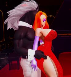 1girls 1monster ass_against_crotch big_breasts breasts cleavage clothed_female crossover dress green_eyes grimm_(rwby) horse_humanoid indrick_[artist] jessica_rabbit orange_hair orange_hair_female pants red_dress rwby shirtless who_framed_roger_rabbit