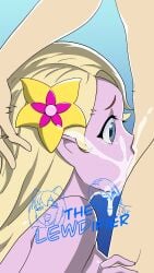 blonde_hair blowjob blue_eyes cum cum_in_mouth elf_female female palia purple_skin thelewdifier tish_(palia) watermark