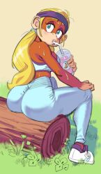 1girls anthro ass big_ass blonde_hair clothed cloudman donkey_kong_(series) drinking female female_only fully_clothed headband looking_at_viewer looking_back pants rear_view shoes solo sports_bra sweat thick_ass tiny_kong