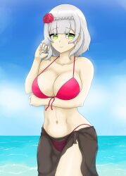 1girls ale_131 alternate_breast_size alternate_costume alternate_version_available big_breasts bikini cleavage clouds day female female_focus female_only front_view genshin_impact green_eyes grey_hair highres hourglass_figure hoyoverse huge_breasts light-skinned_female light_skin looking_at_viewer noelle_(genshin_impact) ocean pareo red_bikini rose_(flower) rose_in_hair short_hair sky smiling smiling_at_viewer solo solo_female standing summer swimsuit thong thong_bikini water