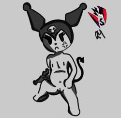 andromorph angry anthro bone bottomless breasts clothed clothing cuntboy demon female flat_chested front_view genitals intersex kuromi lagomorph leporid leproid looking_at_viewer mammal nagisaka navel onegai_my_melody rabbit sanrio simple_background sitting skull small_breasts solo spade_tail spread_legs spreading tail