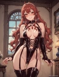 1girls a1exwell adult ai_generated eris_greyrat leather_clothing leotard mushoku_tensei not_porn pussy_juice sfw softcore stable_diffusion thigh_gap
