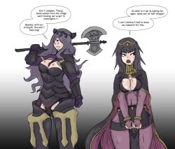 2girls armor battle_axe camilla_(fire_emblem) female female_only genly hair_over_one_eye lavender_hair multiple_girls tharja_(fire_emblem)