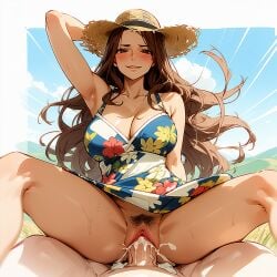 ai_generated cana_alberona cleavage cum_in_pussy fairy_tail field large_breasts payop pov smile straddling sun_hat sundress tan_body vaginal_penetration vaginal_sex