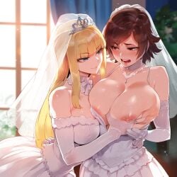 2girls ai_generated asian_female big_breasts big_nipples blonde_hair blue_eyes blush brown_hair emilie_de_rochefort european_female grabbing_breasts kazama_asuka light-skinned_female long_hair novelai open_mouth short_hair tekken tekken_8 thiccwithaq_(ai_style) twitwit wedding_dress yuri