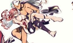 2girls aimablemanahira azur_lane bikini blue_eyes blush body_markings breast_press breasts breasts_squeezed_together carrying choker closed_mouth commission completely_nude covering_crotch covering_privates dark-skinned_female dark_skin dutch_angle embarrassed english_commentary feet fingerless_gloves full_body gloves hair_between_eyes highres inverted_nipples jacket large_breasts leggings long_hair multiple_girls native_american nipples nude open_mouth pink_hair princess_carry ranger_(azur_lane) simple_background swimsuit teeth toes torn_clothes torn_leggings unworn_bikini_top unworn_jacket white_background white_bikini white_hair yuri