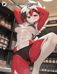 1girls ai_generated animal_ears animal_nose arms_up ass_visible_through_thighs bikini black_bikini black_bra black_hair body_fur bottle breasts cameltoe colored_sclera dog_ears dog_girl female furry furry_female indoors looking_at_viewer meevow midnight_lycanroc multicolored_hair navel one_eye_closed patreon_username pokemon red_eyes red_sclera see-through see-through_shirt shirt smile snout solo standing_on_one_leg sweat swimsuit tail two-tone_fur two-tone_hair underwear wet wet_clothes wet_shirt white_fur white_hair white_shirt