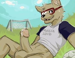 1boy anthro athletic ball balls bottomless canine circumcised clothed clothing emurrgency english_text erection eyewear goggles jersey looking_at_viewer lying male male_only mammal on_back outside penis precum selfie signature soccer soccer_ball solo sport spread_legs spreading text wolf zabivaka