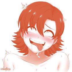 1girls ahe_gao blush cslucaris drooling female female_only monochrome naughty_face nora_valkyrie nude rolling_eyes rwby sexually_suggestive simple_background solo spot_color sweat tongue tongue_out white_background